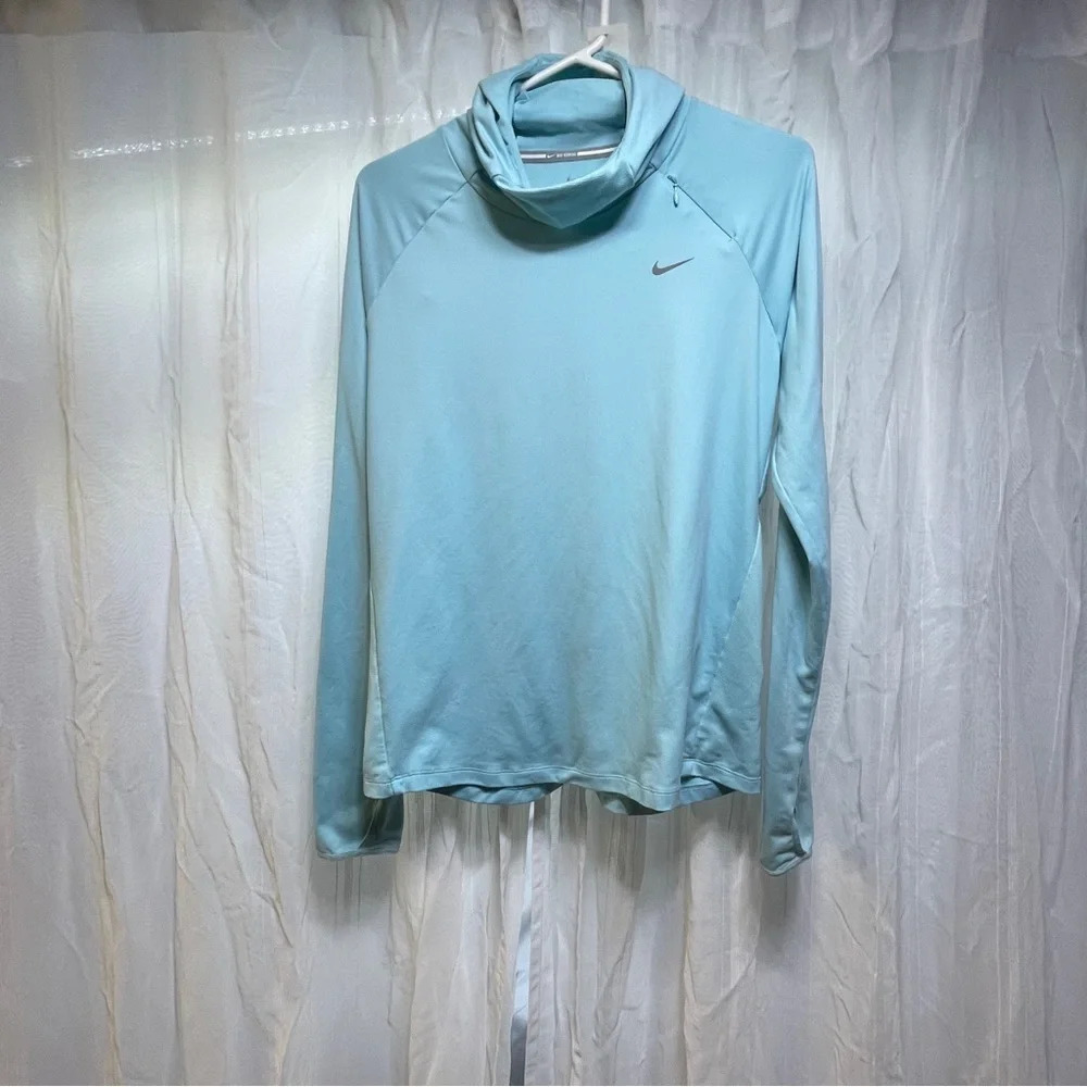 Nike Shirt Womens medium Blue Dri-Fit Hooded Pullover Running Stretch Zip Pocket